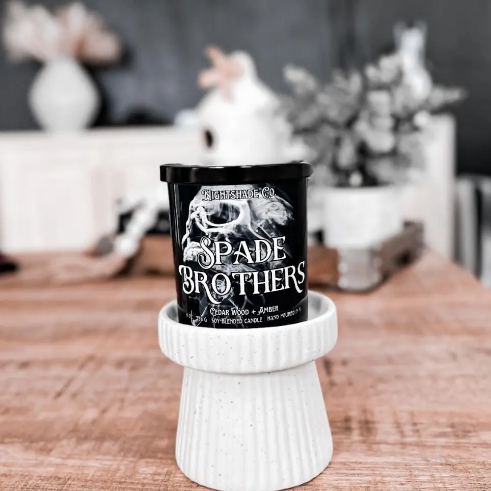 Spade Brothers Scented Candle, Shantel Tessier officially licensed, Bookshelf Decor Glass Jar Wood Wick Matte