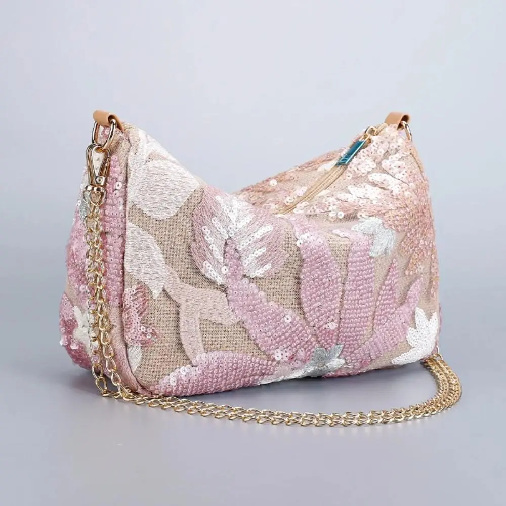 Cute Flower Embroidery Women Shoulder Bags Fashion Sequin Chains Crossbody Bag Summer Casual Beach Bag Hobos Handbag and Purse