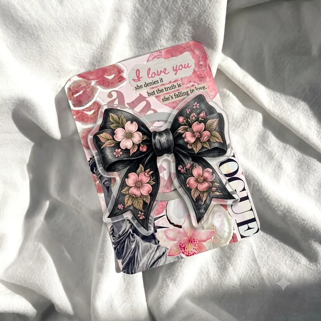 Coquette Black Bow Phone Grip, Aesthetic Pink Floral Phone Stand, Cute Vintage Ribbon Griptok for iPhone, Girly Collage Phone Holder Accessory