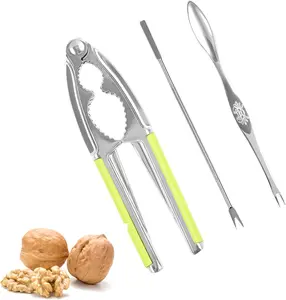 Nut Crackers Walnut Cracker Heavy Duty Walnut Cracker Tool with 2 count Forks/Picks Seafood Cracker Walnut Opener Tool with Green Non-slip Handle