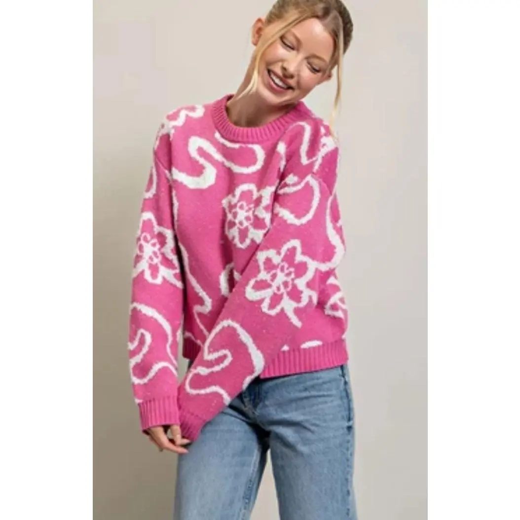 Pink Floral Swirl Sweater