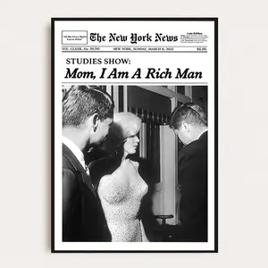 Mom I Am A Rich Man Poster Cher Newspaper Print Black White New York News Monotone Girl Boss Dorm Retro Wall Art Unframed Canvas Wrap Frame
