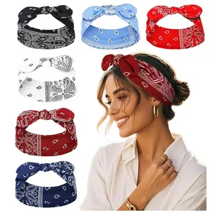 Bandana Headbands for Women Boho Style Paisley Print - Elastic Bow  Bands for Women's Hair Non Slip - Wide Headwraps with Bows , Cute Hairbands Hair Accessories 6 Pack