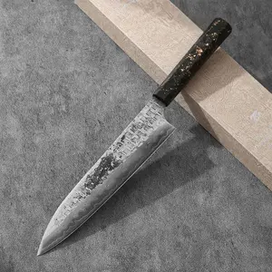 Yuanren Carbon Fiber 9.5'' Gyuto Knife W61F Damascus Stainless Steel 61 Layers Hammer Forge Black Gold Carbon Fiber Gold Foil Handle Dora's Kitchen