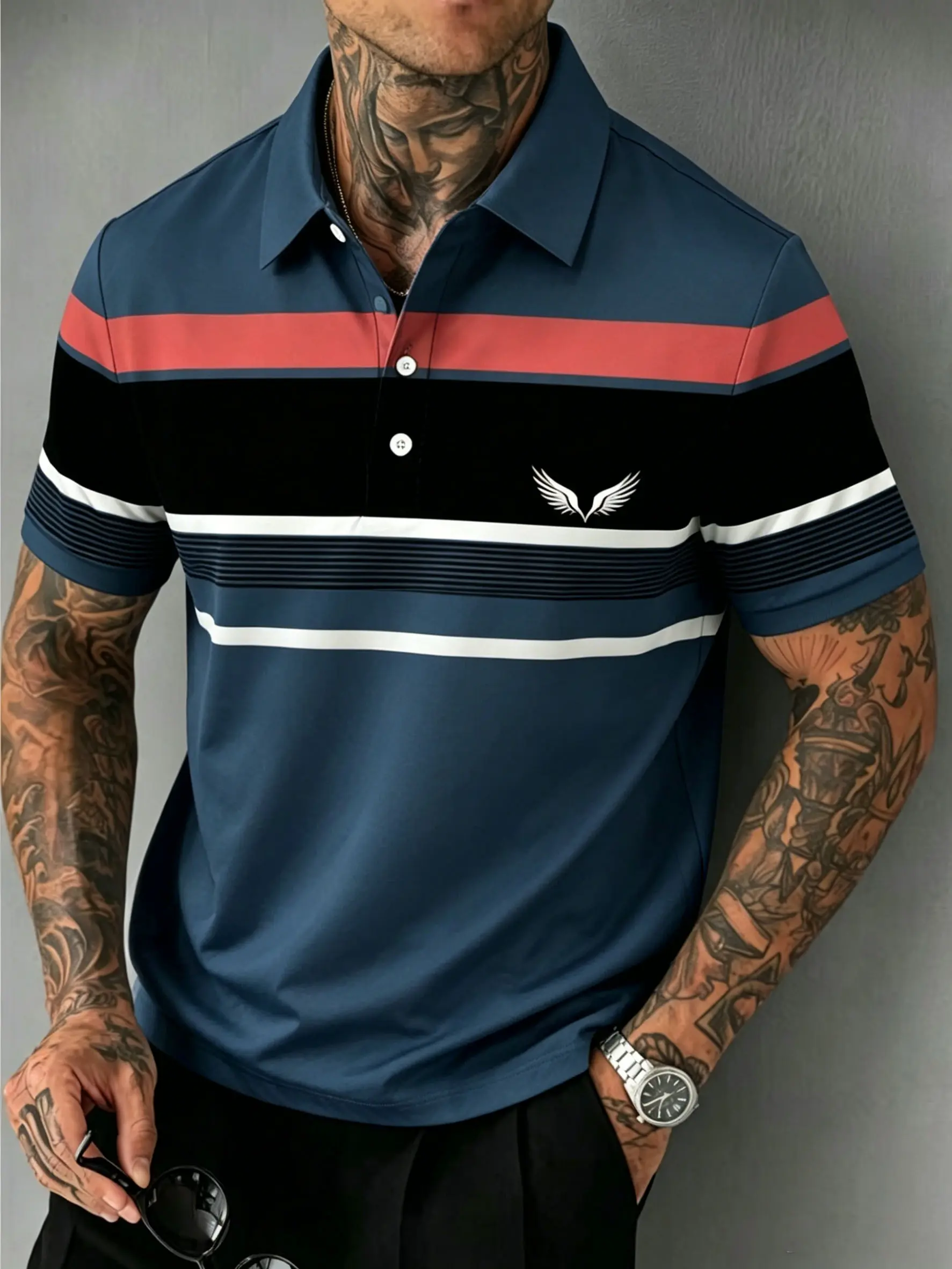 Lightweight Printed Polo Shirt Men's short sleeved button polo shirt, casual business shirt top, soft and stretchy casual trend versatile golf and tennis shirt, a must-have for fashionable outings, breathable polyester fiber, machine washable