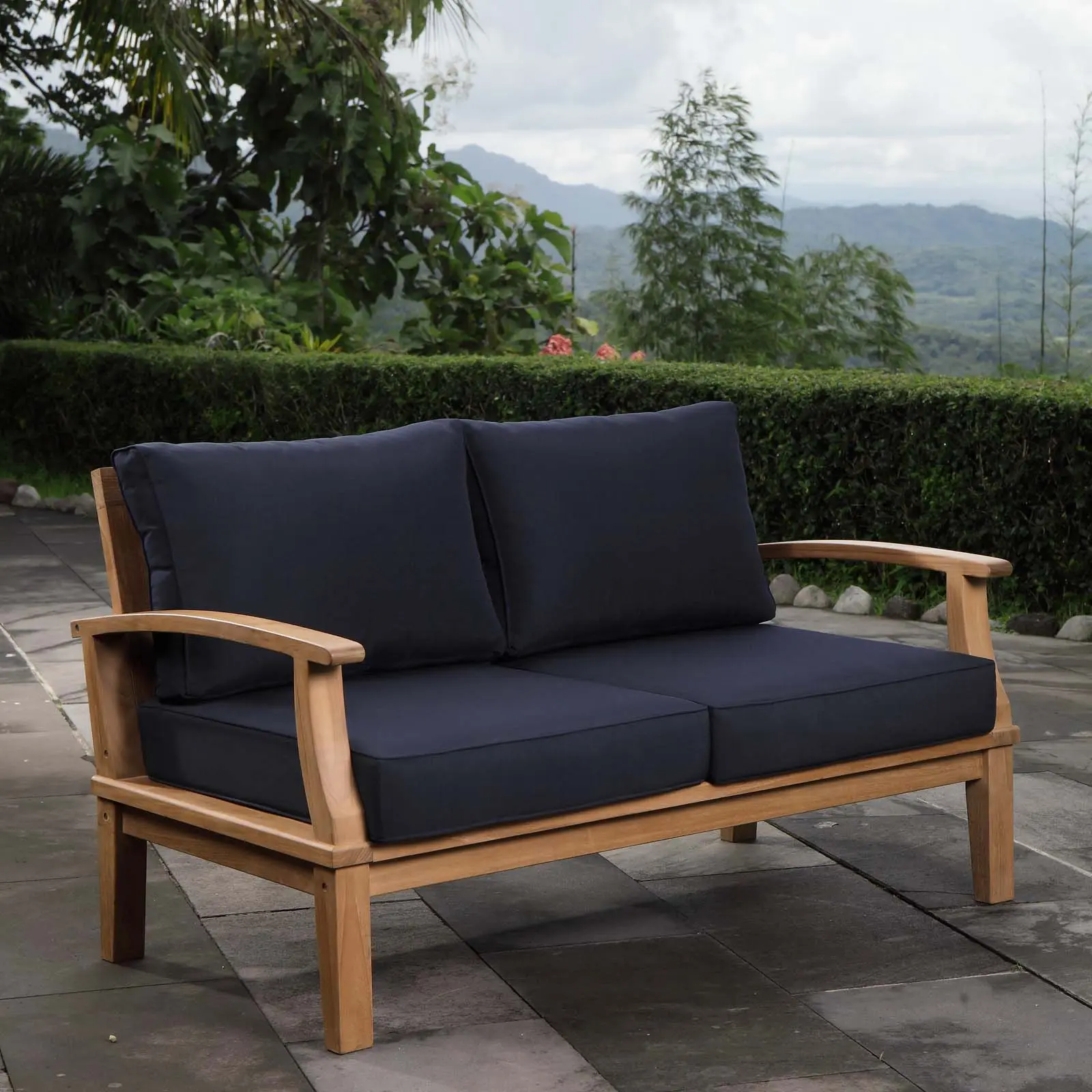 Modway Marina Teak Wood Loveseat - Durable All-Weather Outdoor Seating Solution, Assembly Required Furniture (Natural Navy)