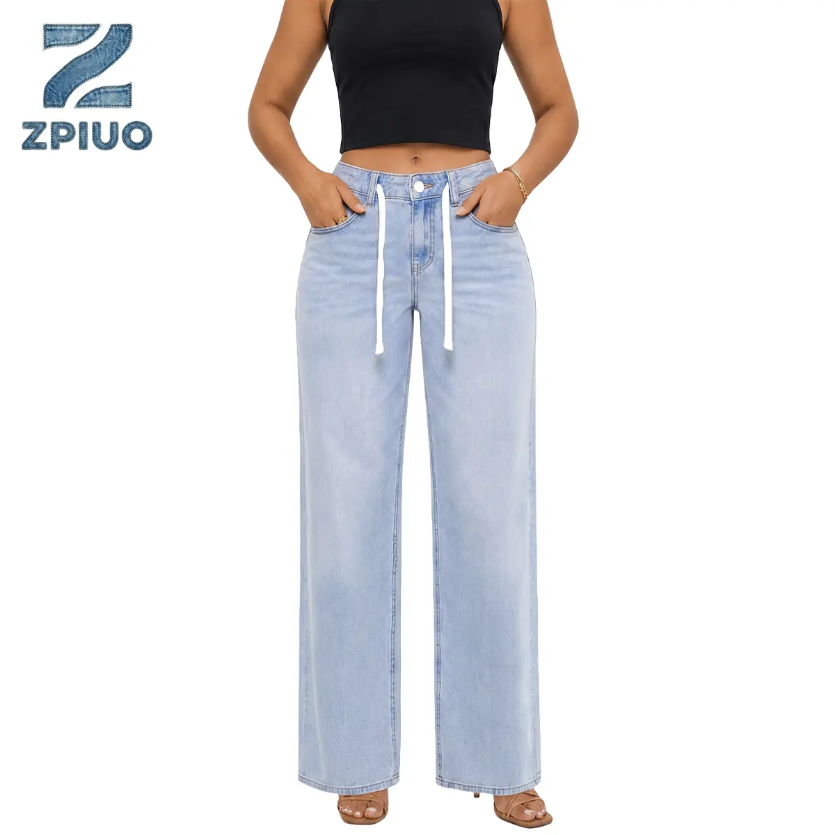 Women's Mid-Rise Adjustable Boyfriend Jeans - Drawstring Elastic Waist, Stretchy Lightweight Pre-Shrunk Lyocell Drape Wide Leg Denim Pants, Suitable for Everyday Loungewear, Outdoor Activities, Balloon Baggy Jeans, Streetwear, Smooth, Bottom, Breathable,