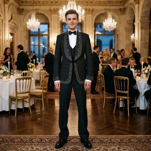 Men's 2-Piece Rhinestone Tuxedo Suit, Shawl Lapel Formal Blazer & Pants, Black/Royal Blue
