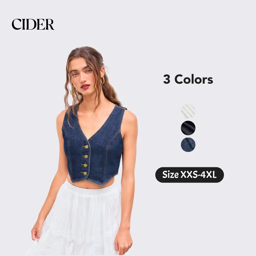 Cider Women's Fitted Denim V-neck Button Vest - Lady's Basic Tops, 0-26 Sizes, Casual Clothes SummerWins SummerFinds
