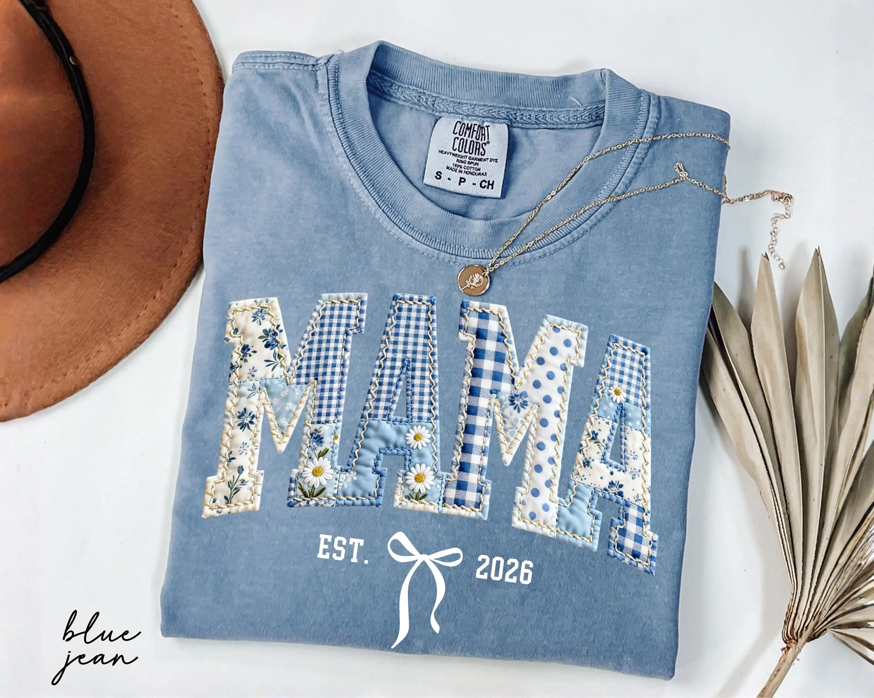 Comfort Colors Mama Est 2026 Shirt, Floral Faux Patchwork Mama Tee With Bow, Digital Print Shirt, New Mom Pregnancy Announcement Gift, Baby Shower Gift, Mother's Day - AMBER