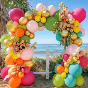 Tropical Balloons Arch Pink Green Orange Gold Balloons Pastel Yellow Teal Balloon Garland For Flamingo Beach Hawaiian Luau Aloha Summer Birthday Baby Shower Party Decorations