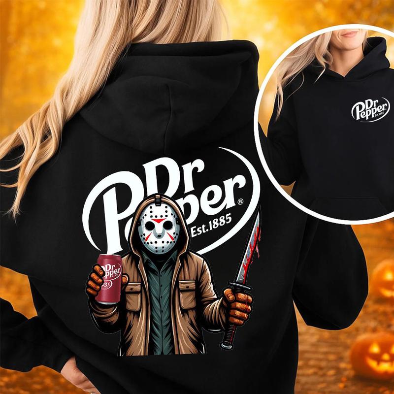 Spooky Dr Pepper Horror Halloween Double Sided Unisex Hoodie ,Dr Pepper Halloween Hoodie - Casual Top with Graphic Design, Available in Various Colors - Menswear, Tops Unisex Womenswear Cotton Fabric