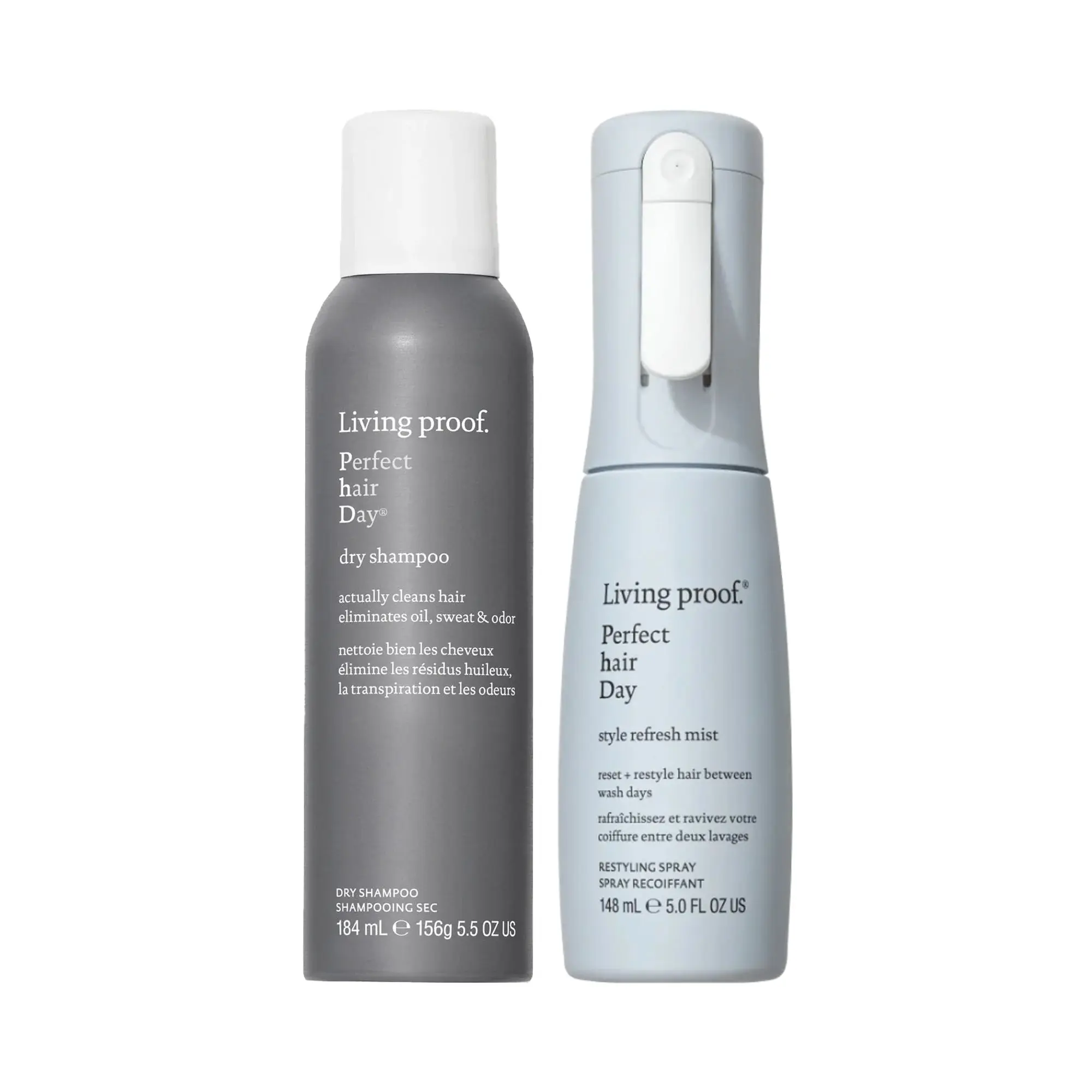 Living Proof Perfect Hair Day (PhD) Refresh & Revive Duo - Aerosol Powder Dry Shampoo (5.5oz, Sweat & Odor Eliminator) + Style Refresh Mist (5oz), Frizz Control, Clean, Crisp Fragrance, Voluminous Hair, Heat-Protection, Aluminum Free Dry Shampoo, Haircare