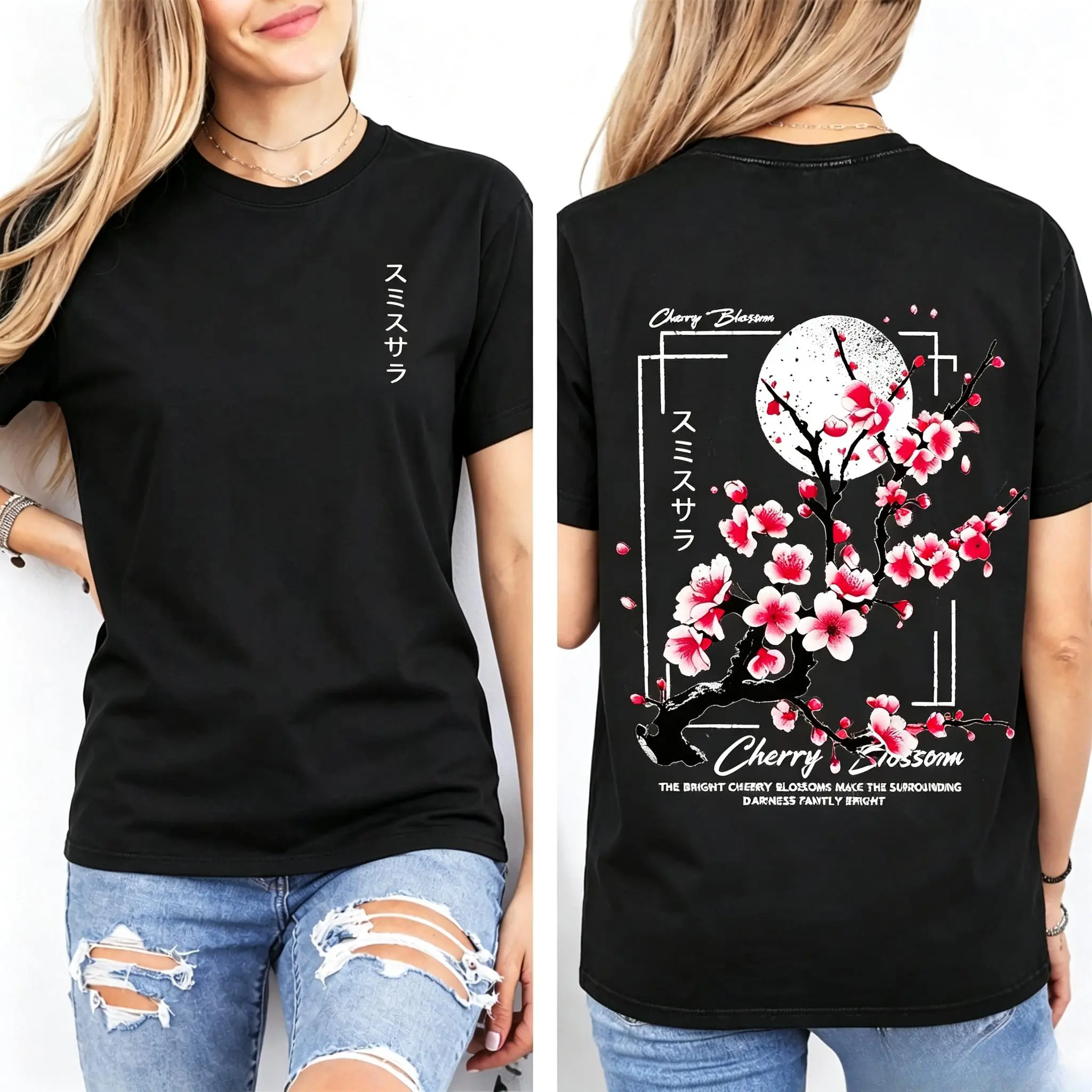 100% Cotton Fabric Round Neck Short-Sleeve T-Shirt -Print Top with Cherry Blossom & Japanese Lettering, Loose Distressed Casual Summer  Wear,