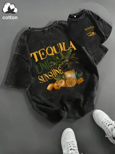 Washed cotton, "TEQUILA LIME & SUNSHINE" retro distressed tequila theme pattern letter print round neck T-shirt, retro style casual fashion street trend short-sleeved top, summer women's clothing