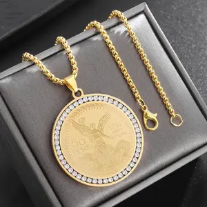 A Beautiful Zirconia Coin Necklace With A Stainless Steel Statue Of Liberty Pendant, A Lucky Amulet For Men And Women, Hip-hop Jewelry Gift. Trendy All-match Accessories