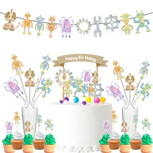 Whimsical Watercolor Robots Party Decor Set - Artistic Cake Topper, Cupcake Toppers, Centerpieces & Banner - Gear Up for a Techy Celebration
