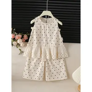 Zidane'S Carefully Selected + 2pcs of Polka Dot Lace Wide Shoulder Tops + Polka Dot Straight Pants for Girls, a Stylish Set for Spring And Summer, Lightweight And Affordable, for Outdoor