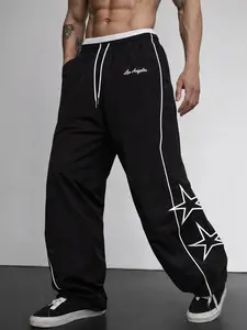 Mens Track Pants Straight Leg Drawstring Loose Fit Contrast Piping Star Graphic Full Length Streetwear for Festival Travel Airport Game Night and Spring Outfit Rotation with Stacked Hem Easy Movement and Strong Leg Line