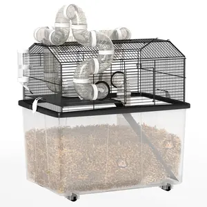 PawHut Large Hamster Cage with 12" Deep Tray, 2 Tier Gerbil Cage with Tube System, Water Bottle, Ramp, Feeding Bowl, 23" x 17" x 22", Black