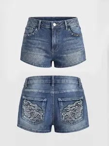 High-Waisted Y2K Style Denim Shorts, Heavy-Duty Wing Embroidery Beaded Washed Blue Vintage Distressed Hot Pants