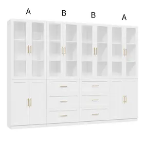 VOWNER Bookcase with Glass Doors & Drawers, 5 Tier Bookshelf with Adjustable Shelf,  Display Cabinet, Home Office, Living Room, White（4set）