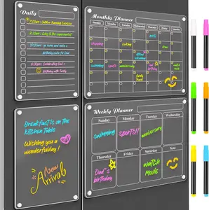 Calendar for Refrigerator Magnetic 4 PCS Dry Erase Whiteboard 15.2"x11.2" Magnet Fridge White Board Planning Acrylic Clear Chalkboard Apartment Decor Meal Planner with 6 Colors Markers