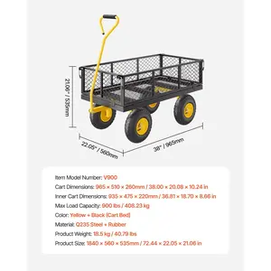 VEVOR 900 Lbs Heavy Duty Steel Garden Cart, Garden Wagon Cart on Wheels, Outdoor Metal Yard Utility Wagon Carts with 10 Tires and Mesh Removable Sides(Convert to Flatbed) and 180Rotating Handle
