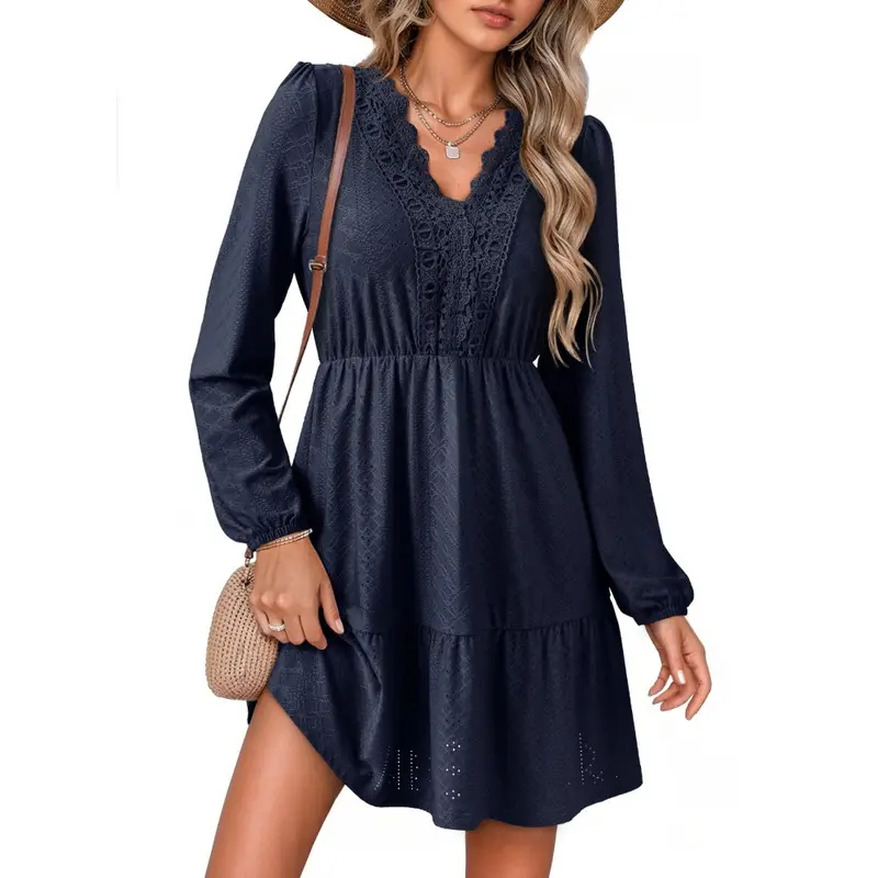 Dokotoo Fall Dresses for Women 2026 Elegant Lace Hollow Out Embroidered V Neck Long Sleeve Casual A-Line Swing Mini Dress