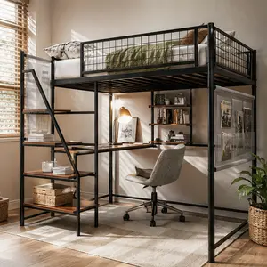 ARCH Full Size Loft Bed with Desk and Charging Station, Metal & Wood Bunk Bed Frame with LED Lights, Built-in USB Ports, Storage Shelves and Cloth Bags, Heavy Duty Square Frame, No Box Spring Needed, Black for Bedroom Dormitory Kids Teens