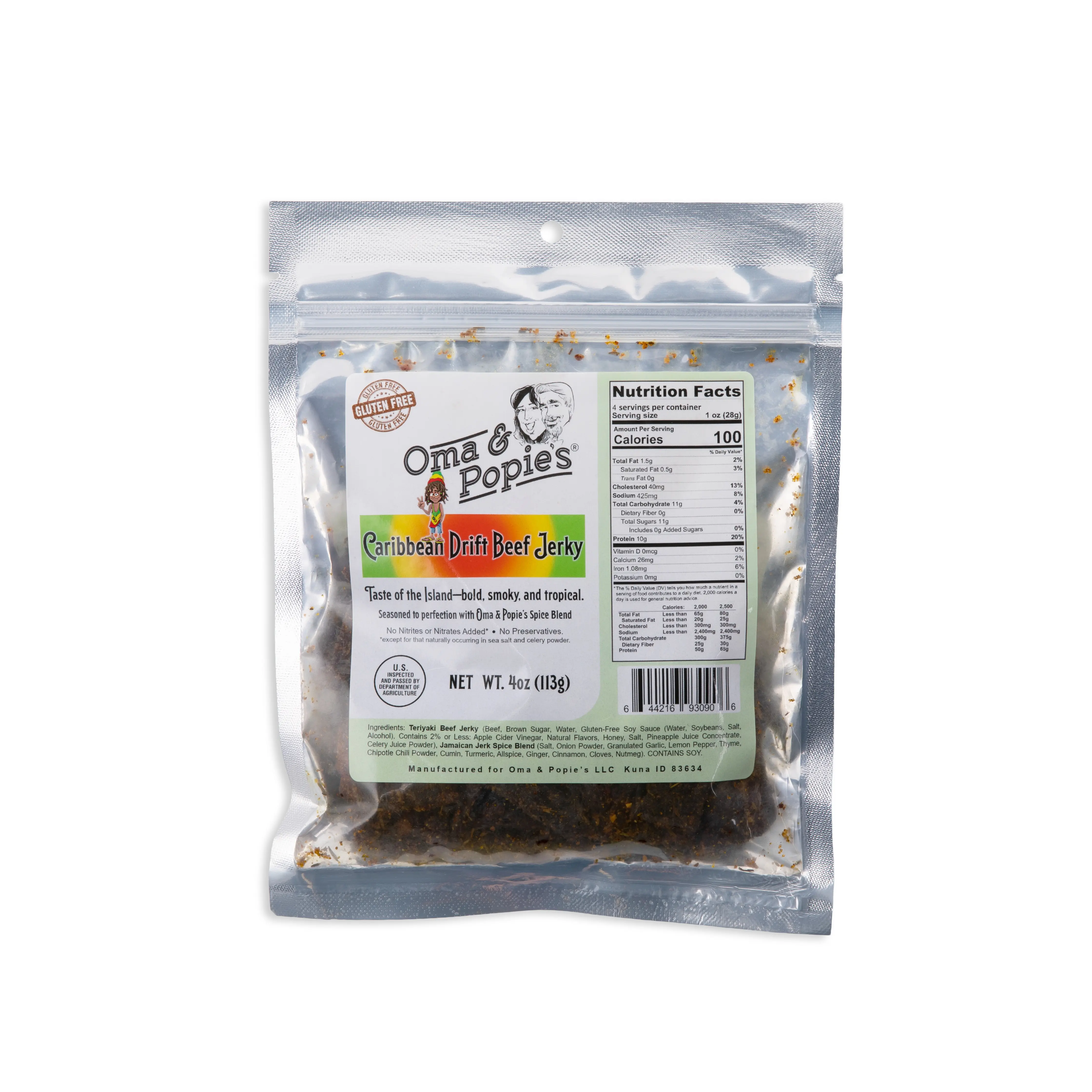OMA & POPIE'S Caribbean Drift Beef Jerky - Bold Smoky Tropical Flavor, Gluten-Free, Infused with Chipotle Peppers & Tropical Herbs, Perfect Snack