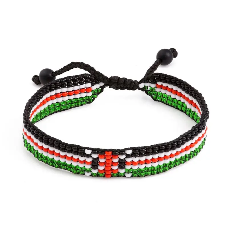 Kenya Flag Bracelet - Handcrafted Beaded Design in Black Green Red White Colors Adjustable for All