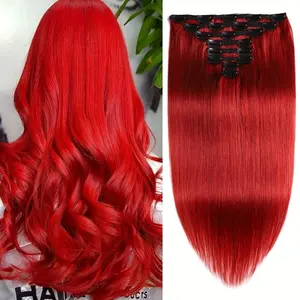 Fashionable New 120g Clip in Hair Extensions Red Human Hair Clip in Extensions Remy Hair Extensions Clip ins 8pcs/1set Double Weft Human Hair Clip Ins Extensions for Women Red color Full Head Cosplay Party Wedding Hairpiece