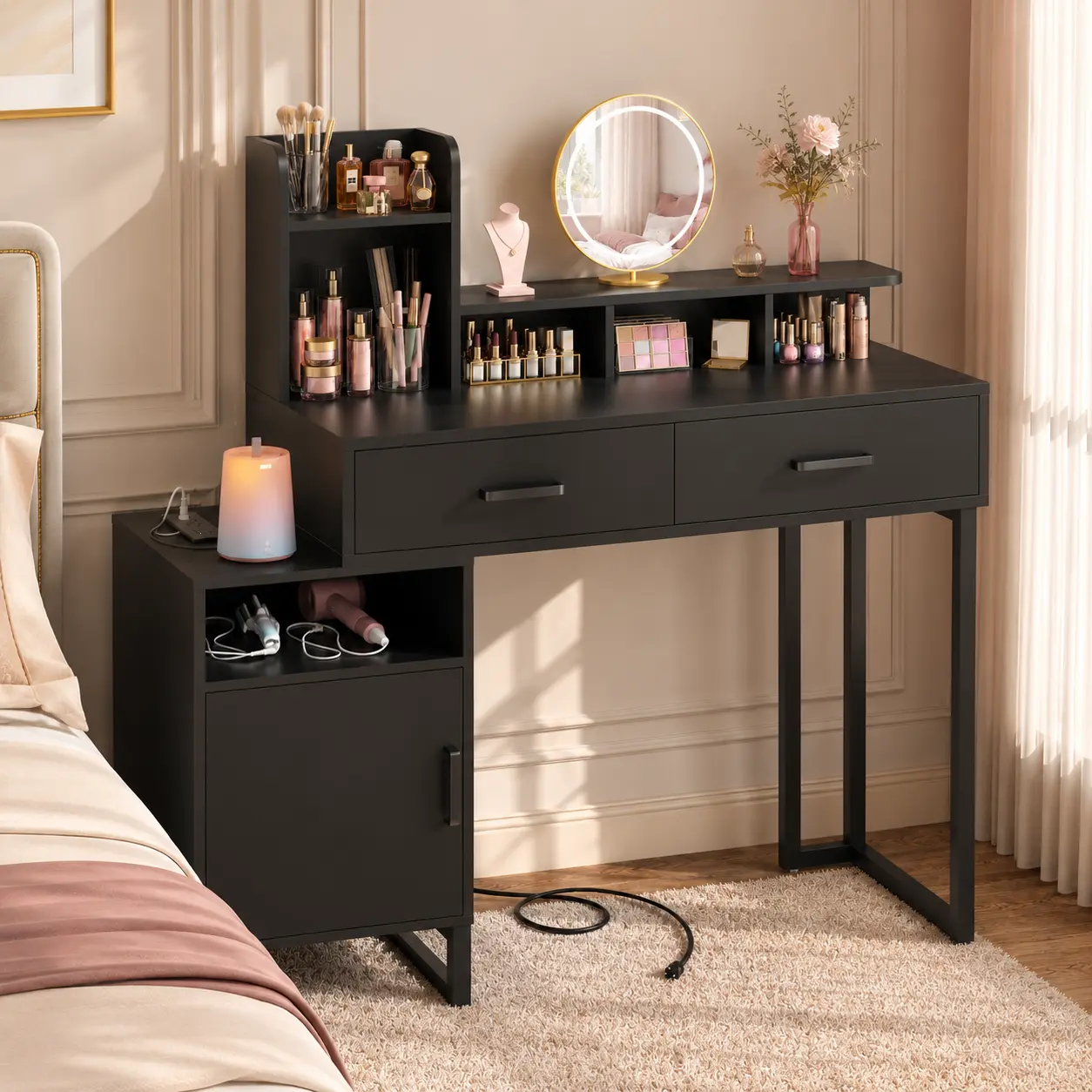 Vanity Desk 35" Makeup Vanity Desk Vanity table with Power Outlet 2 Storage Drawer Cabinet Open shelf for Bedroom Office