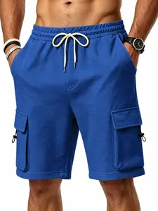 Men's Solid Color Heavyweight Knitted Terry Workout Shorts for Daliy Wear, Casual Elastic Waist Drawstring Multi-Pocket Sweatpants, Lightweight Fitness Running Five-Quarter Pants