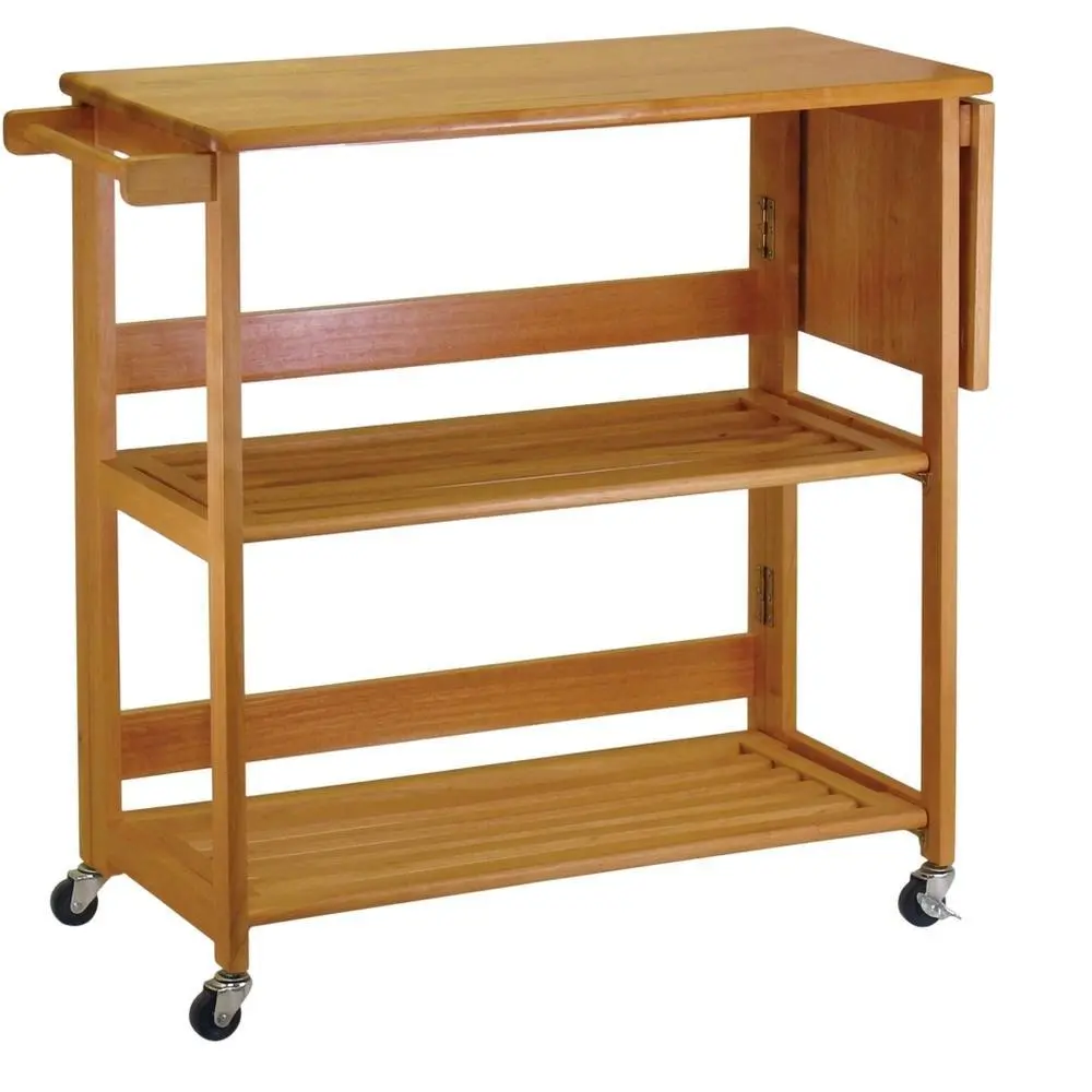 Brown Solid Oak Foldable Kitchen Cart - Open Utility Cart with Racks and Shelf, Kitchen Use Organizer for Meal Prep, Folds Flat