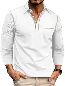 Men's Spring & Fall Long Sleeve Polo Shirt, Modern Colorblock Collar Pocket Top, Versatile Single Wear Layering, Fashion Trendy, Casual Fitted Patchwork Menswear