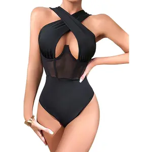Women's Halter Criss Cross Sleeveless Bodysuit Sheer Mesh Corset Bustier Sexy Cut Out Leotard Jumpsuit S-L Fishnetsuit Womenswear Tops shapewear bodysuit