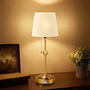 Wireless Rechargeable Desk Lamp, Dimmable Table Lamps with Fabric Shade, USB Bedside Adjustable Lighting Modes, Decorative Aesthetic Retro Trumpet Light for Living Room Hallway Bedroom Bathroom shower