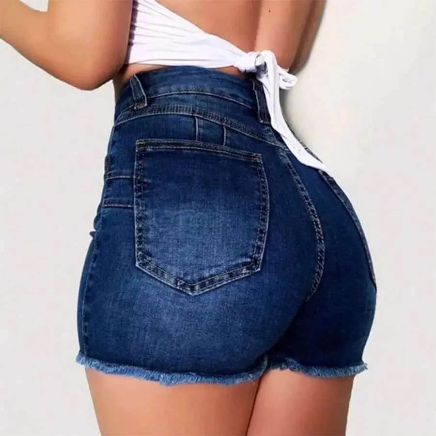 Women's Cotton High-Waisted Stretchy Butt-Lifting Denim Shorts - Frayed Edge, Raw Hem, Grey Wash, Slim Fit - Casual Summer Daily Wear Bottoms