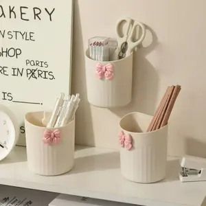 1pc Pink Bow Wall-Mounted Storage Box - No-Drill, Space-Saving Organizer for Toothbrushes, Makeup Brushes, Pens & More - Chic Home Decor Essential, Decorative Storage | Stylish Storage | Plastic Storage Box, Toothbrush Holder