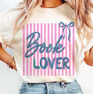 Coquette Book Lover Comfort Colors Shirt, Preppy Pink Blue Stripes Bookworm Shirt, Girly Reading Club, Bookish, Trendy Stripes Reading Book Tee