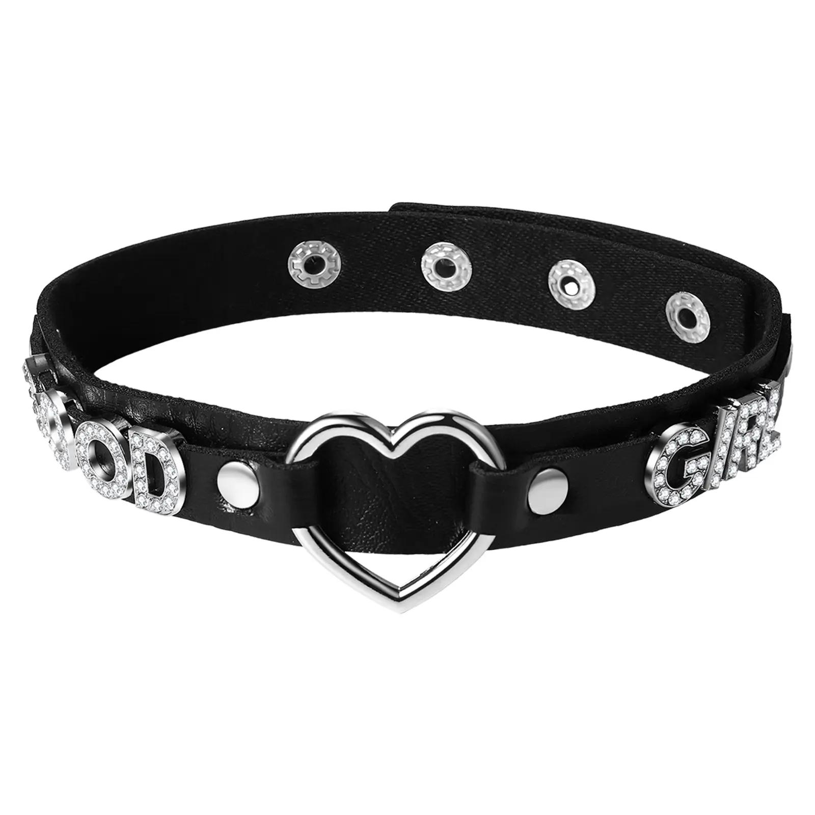 OIDEA Women’s Adjustable Punk Rock Heart O-Ring Choker - Black PU Leather Collar Necklace with Rhinestone Letters, Metal Studs, Heart Frame, Edgy Modern Fashion Accessories for Halloween, Christmas summerwins
