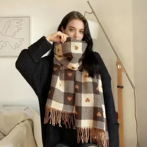 Winter Scarves for Women Fashion 2025 - Cashmere Like Soft Plaid Scarf with Heart Pattern & Fringe