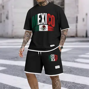 Men's Casual Style MEXICO Print Waffle Fabric Short-Sleeved Shirt And Shorts Set