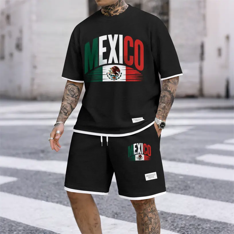 Men's Casual Style MEXICO Print Waffle Fabric Short-Sleeved Shirt And Shorts Set Menswear Minimalist