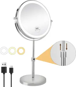 10X Lighted Makeup Mirror with 3 Lighting Modes, 8" Dimmable Lights Height Adjustable Vanity Mirror with Lights, Rechargeable Double Sided 1X 10X Magnifying Mirror, 360Rotation,Chrome