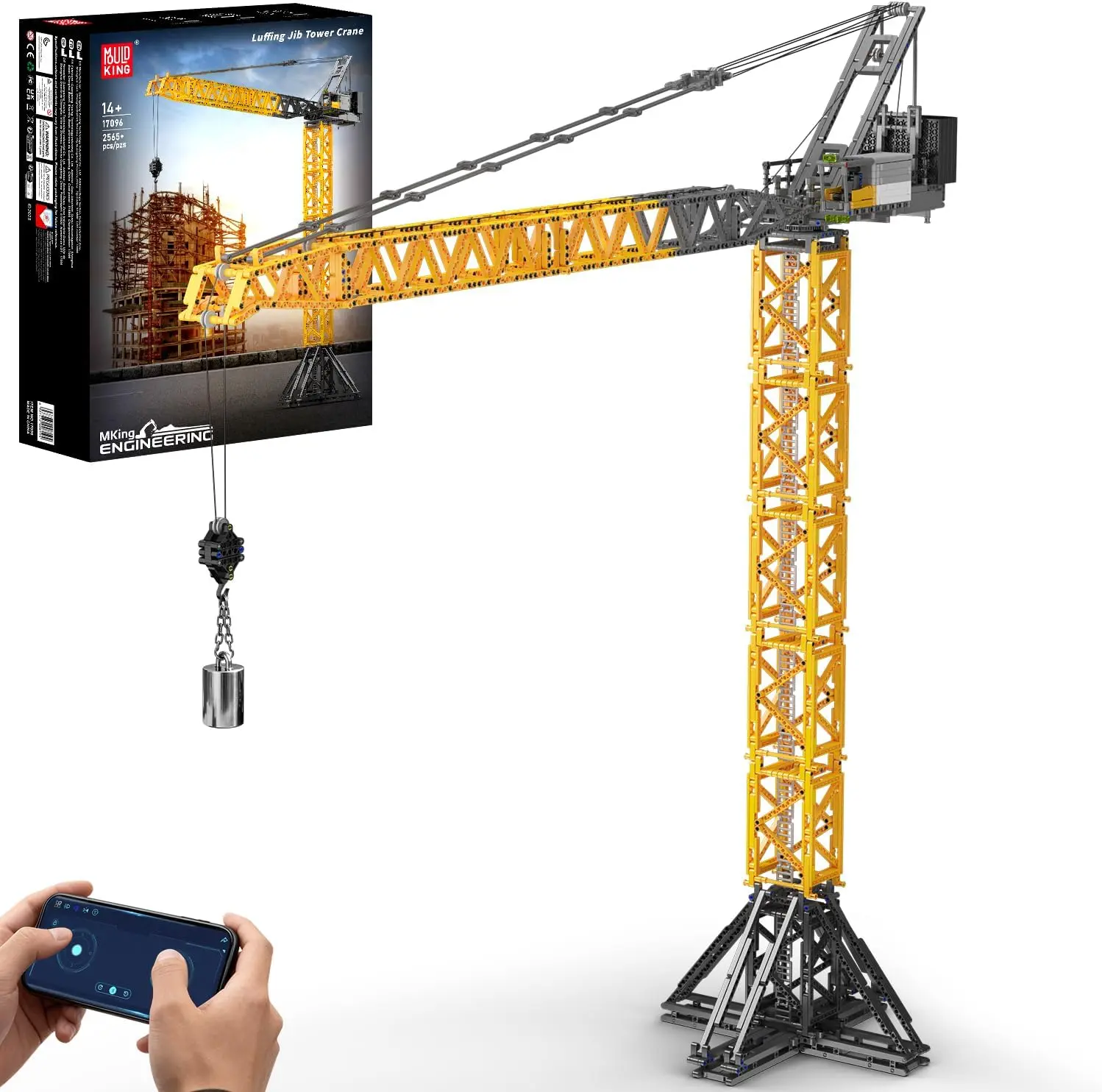 Mould King 17096 Luffing Jib Tower Crane Building Block Set, Large Technical Construction Vehicles Crane Truck Model with Motors/APP Remote Control, Collectible Set for Adults & Teens 14+ Gift (2565+)
