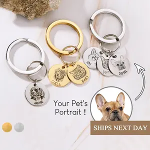 DIY Memorial Pet Photo Keychain with Custom Name Engraving Round Stainless Steel Pendant