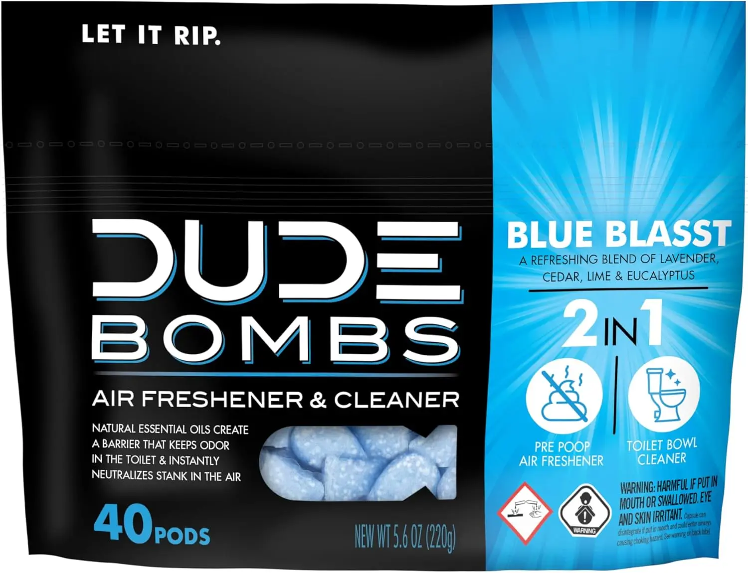 DUDE PAPER Wipes DUDE Bombs Toilet Bowl Stank Eliminator, Air Freshener, 40 Count | 1 pack of 40 pre-poop toilet pods. 2-in-1 bathroom deodorizer and toilet bowl cleaner. Lavender, cedar, lime, eucalyptus.